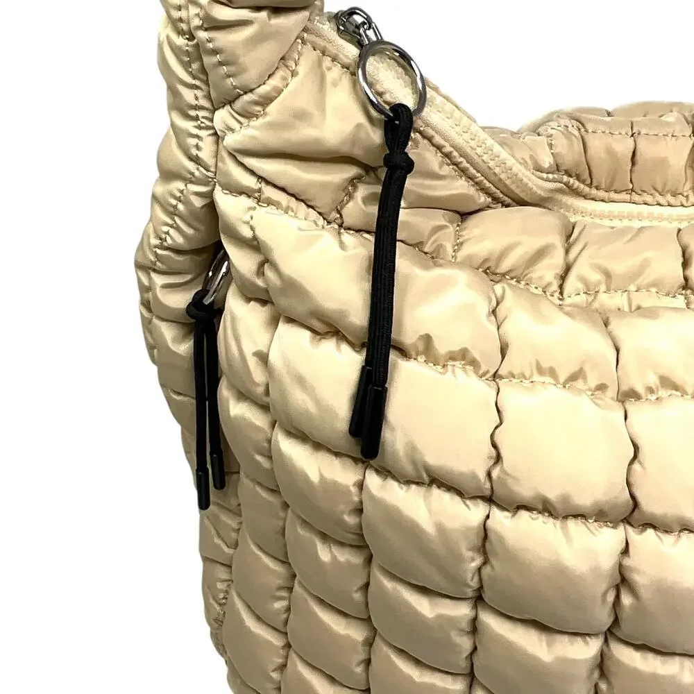 Free People FP Movement Quilted Carryall Hobo Bag Womens Large Beige Pockets